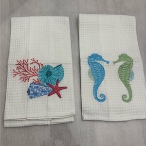 Set of 2 Ocean Coastal Nautical Sea Shell Sea Horse Kitchen Bathroom Dish Towels